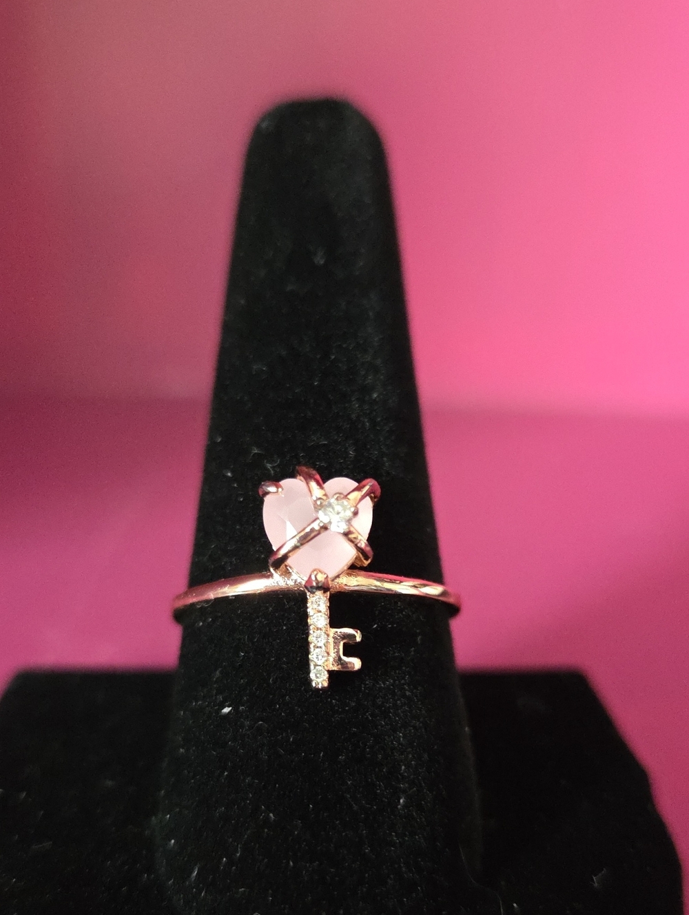 Rose Gold-Tone Heart & Key Ring with Pink Stone & Clear Cz
